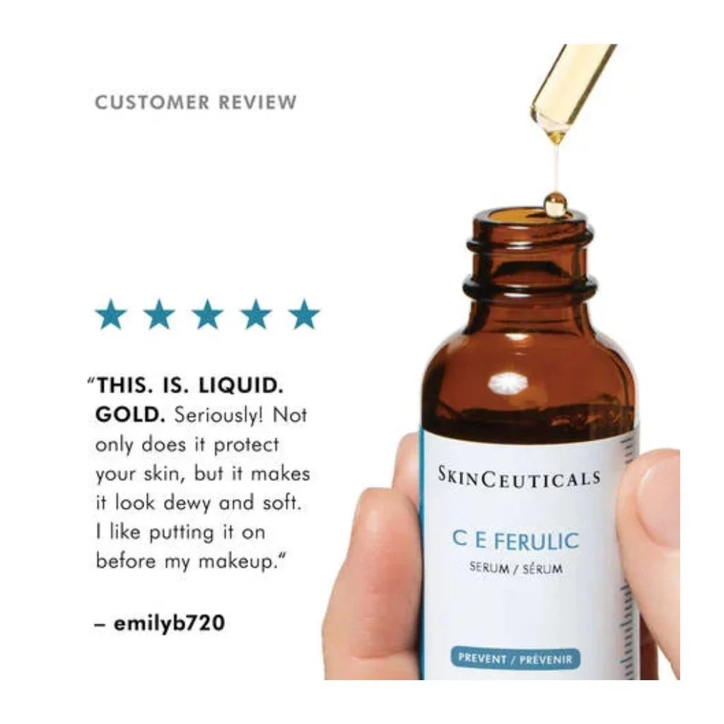 A hand holds an open amber glass serum bottle with a gold dropper above it, while a customer review text appears on the left against a white background. The bottle label reads SkinCeuticals C E Ferulic Serum.