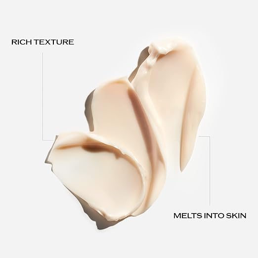 Two swatches of cream with text 'Rich Texture' and 'Melts into Skin' on a light gray background