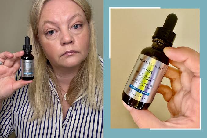 A split-screen photo showing a woman holding and a hand holding a skincare dropper bottle. The bottle appears dark amber glass with a black dropper cap and a metallic silver-and-blue label.