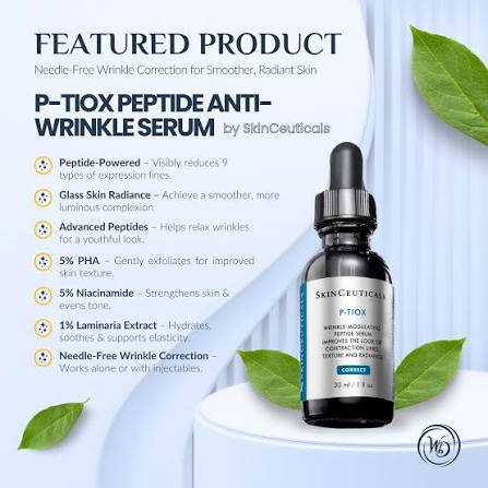 SkinCeuticals P-Tiox Peptide Anti-Wrinkle Serum in a 10 ml amber glass dropper bottle, displayed on a white pedestal with promotional text and leaf graphics on a light blue background.