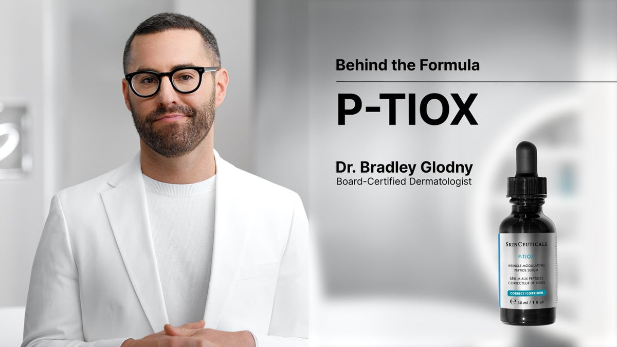A man in a white lab coat and glasses stands beside a bottle of P-TIOX serum, with text reading 'Behind the Formula P-TIOX' and 'Dr. Bradley Glodny Board-Certified Dermatologist' on a light gray background.