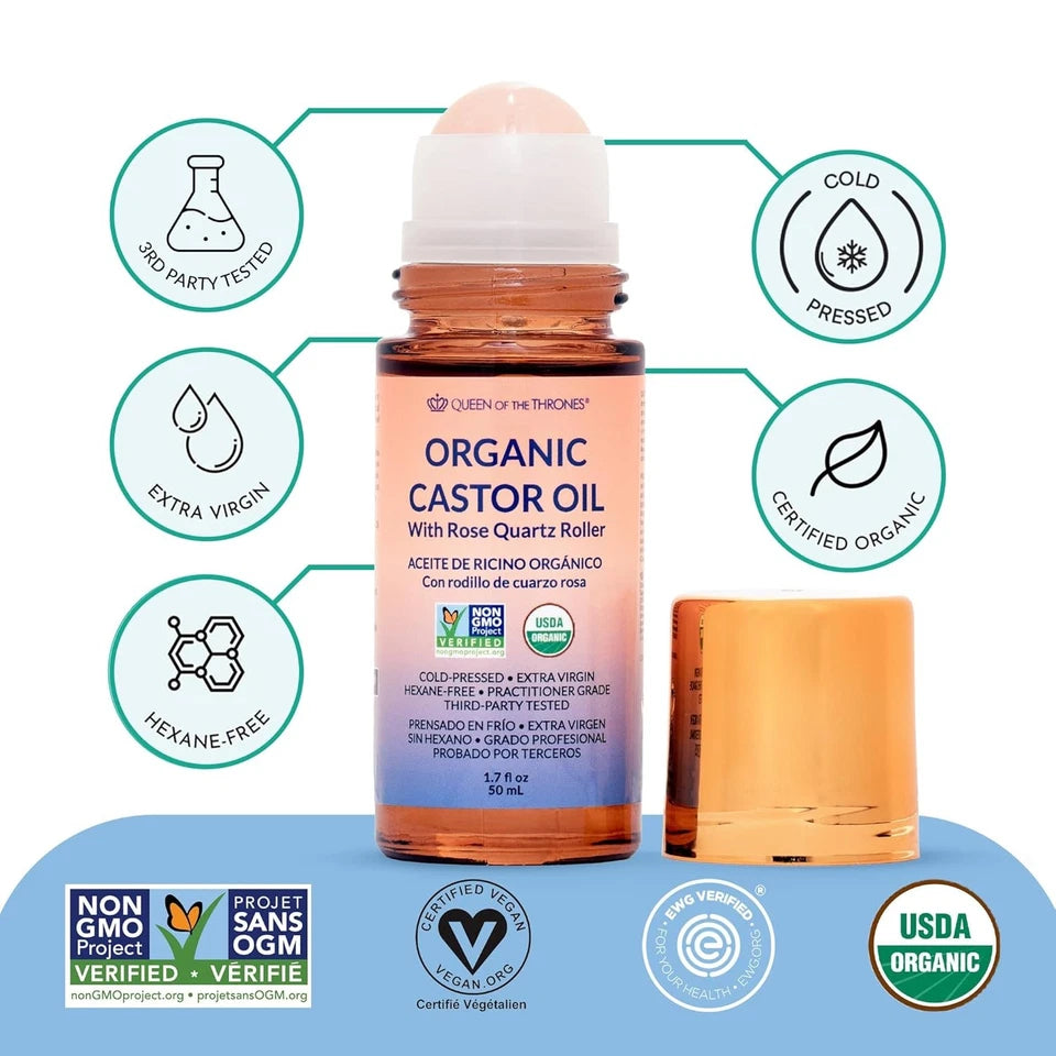 Queen of the Thrones Organic Golden Castor Oil Roll-On with Rose Quartz | 100% Pure