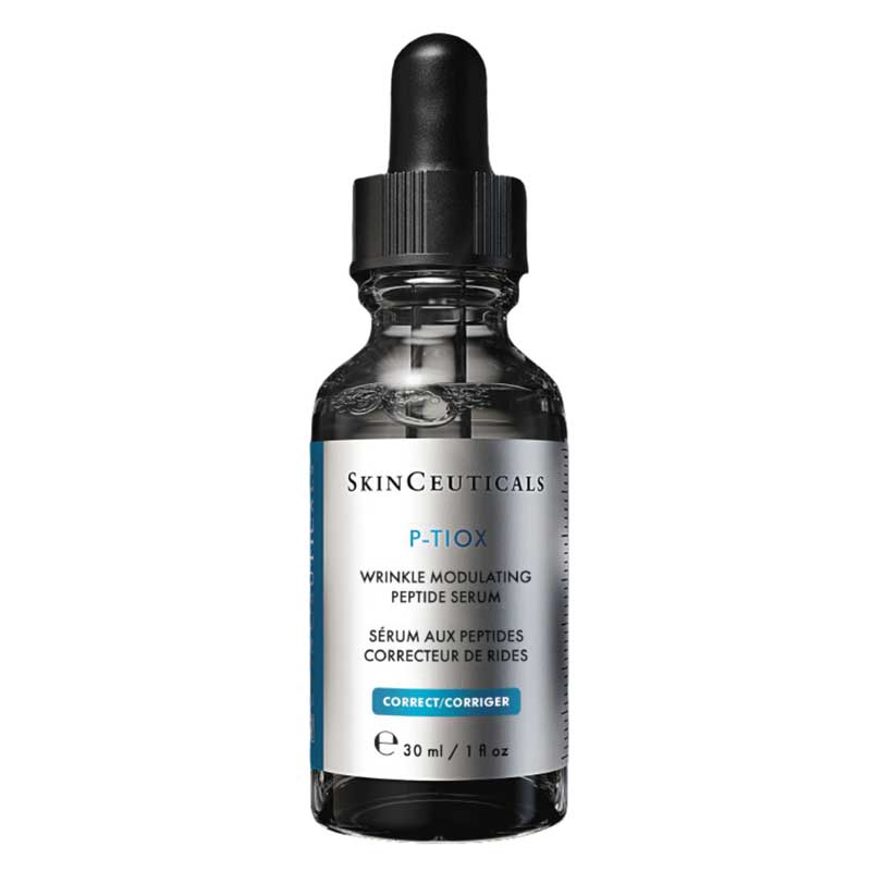 SkinCeuticals P-Tiox Wrinkle Modulating Peptide Serum in a 30 ml glass dropper bottle with a black cap and silver label.