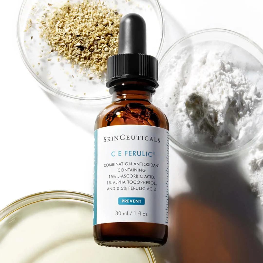 SkinCeuticals C E Ferulic bottle with ingredients on a white background